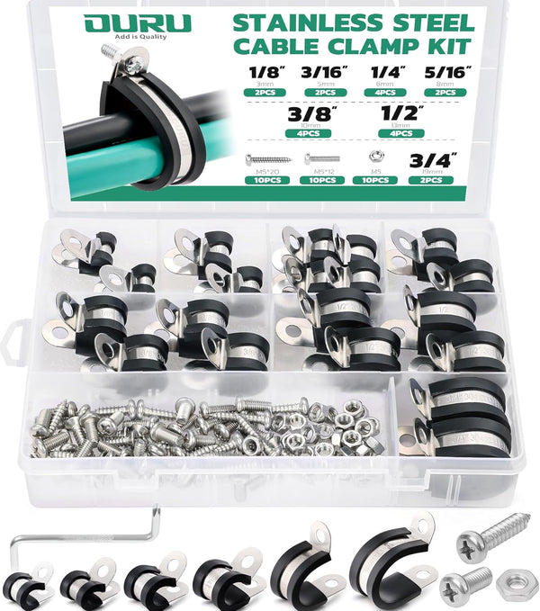 50PCS Stainless Steel Cable Clamps Assortment Kit with Screws, 7 Sizes 1/8" to 3/4" Rubber Coated Insulated