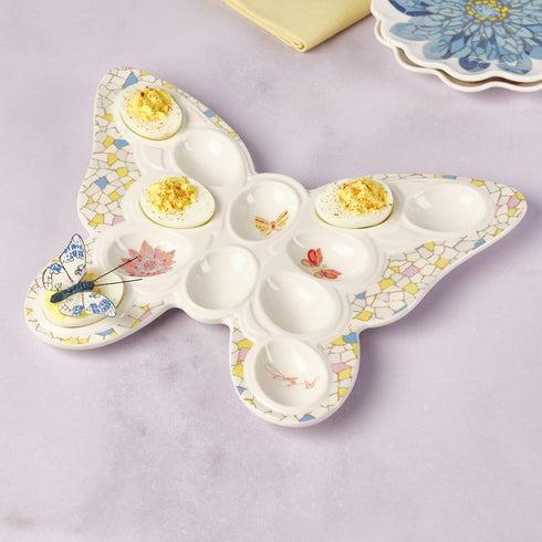 12 12.25 Inch Dolly Parton Jeweled Mosaic Butterfly Figural Deviled Egg Platter Dish, Ceramic Egg Holder Plate, Hole