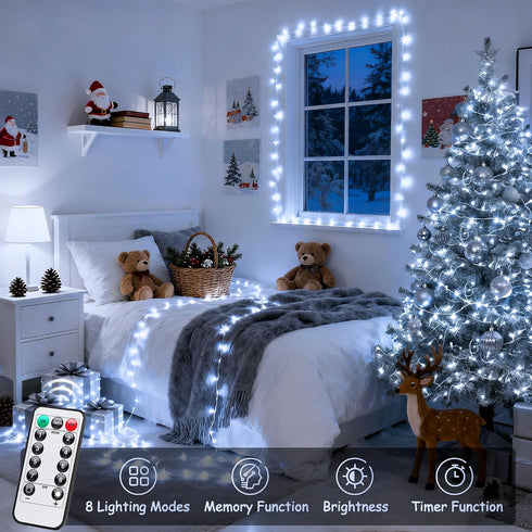33ft 100 8 JMEXSUSS White Christmas Lights with Remote, LED Battery Operated Christmas Lights, Modes Outdoor Indoor