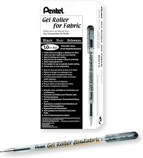 Pentel Gel Roller for Fabric, 1.0mm, Bold Lines, Permanent Black Ink, Box of 12 (BN15-A)