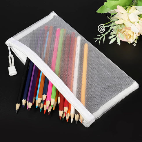 MECCANIXITY Mesh Zipper Bags, B6 Nylon Zip Pouch Pencil Case Storage Pockets for Travel Office Accessories (White, Pack