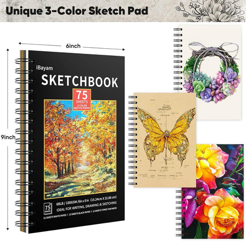 78-Pack Set 3-Color iBayam Drawing Sketching Kit Art Supplies for Adult, Christmas Gifts for Adult, with Sketchbook