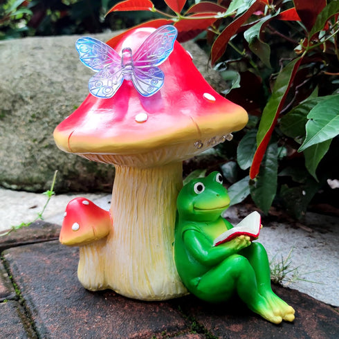 RCTTICUU Solar Frog Mushroom Garden Statues,Statuettes of Resin Frog Mushroom Reading a Book Figurine with LED Solar