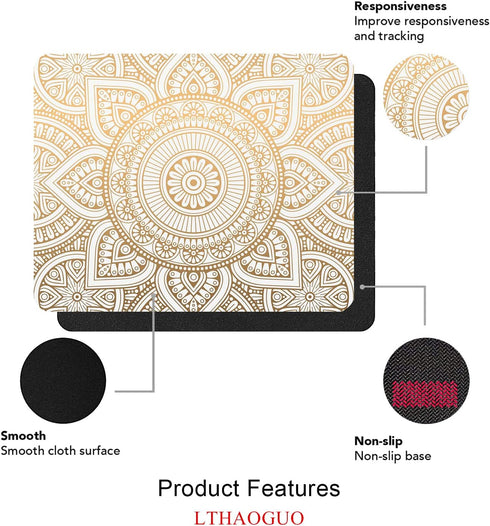 Mouse Pad, White & Gold Mandala Pattern Rectangular Non-Slip Rubber Mouse Mat for Office