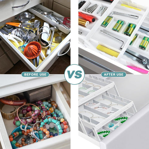 Multi Level Smart Drawer Organizer, Expandable Storage Trays for Jewelry, Cosmetics, Tools, Battery, White