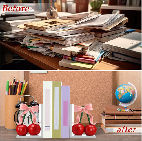 Wovnet 2 Pcs Pink Bow Cherry Bookends Wooden Pink Bookends Shelves Coquette Room Decor Cute Cherry Figurine Book Ends