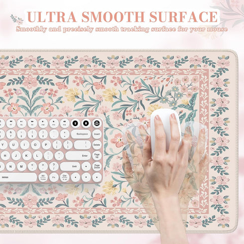 iCasso Pink Floral Desk Mat, Desk Pad, XXL Large Mouse Pad, Anti-Slip Big Mousepad with Stitched Edges, Computer Mouse