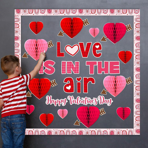 Valentine's Day Bulletin Board Decoration, 3D Heart Honeycombs Love is in The Air Cutouts for Classroom Decor