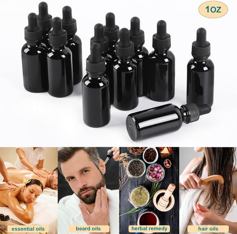 48 Pack 1oz Black Glass Dropper Bottles with Dropper, Pretty Finish for All Kinds of Liquids, Leakproof Travel