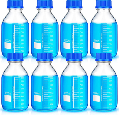 Irenare 8 Pieces Media Storage Bottles, 1000 ml Borosilicate Glass, Round Graduated with Blue GL45 Screw Cap
