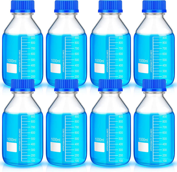 Irenare 8 Pieces Media Storage Bottles, 1000 ml Borosilicate Glass, Round Graduated with Blue GL45 Screw Cap