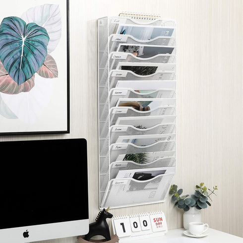 EasyPAG Wall File Organizer, 10 Tire Vertical Mesh Metal Hanging File Holder, Paper Document Rack for Home Office
