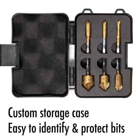 6 Pcs Countersink Drill Bit Set with Case, 1/4'' Hex Shank HCS 5 Flute Countersink Tool Sets for Wood