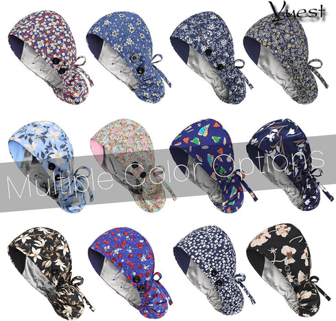 Satin Lined Scrub Caps with Buttons & Sweathand, Surgical Caps for Women