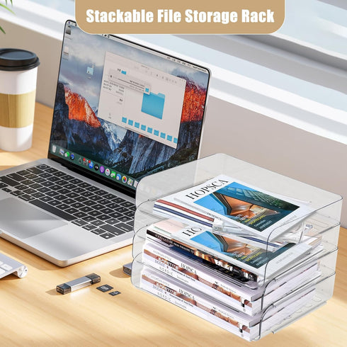 Clear Stackable Paper Trays 4 Pack, Desktop Racks with File Bags for Books, Magazines, and A4 Size Paper