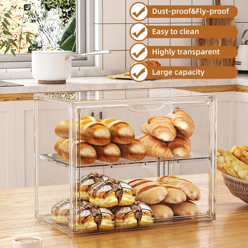 2 Countertop, 15.3" 9.8" 11.4" JOYZAN Pastry Display Case, Tier Bread Box for Kitchen Acrylic Bread Container