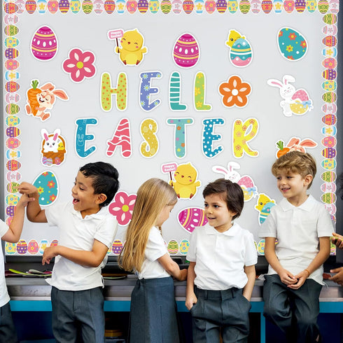 Happy Easter Bulletin Board Set Easter Egg Border Rabbit Bunny Chick Spring Cutouts for Kids Classroom School Decor