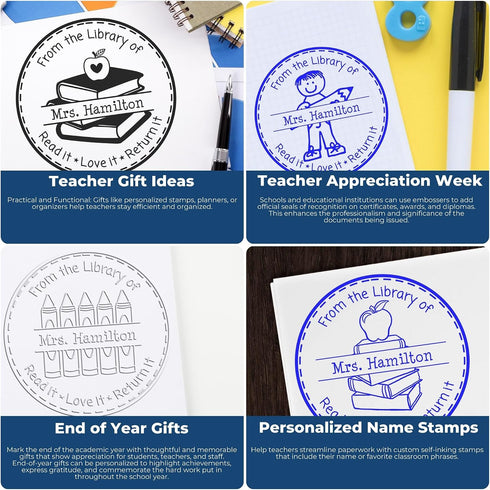 Hybrid Outline Crayons Customized Teacher Library Seal - Teacher Gift Stamp for Personalized Book Stamping