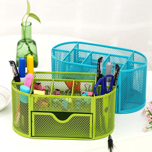 Black Mesh Desk Organizer, 9 Compartments with Drawer, Multifunctional Office Supplies Caddy for Desk Organization