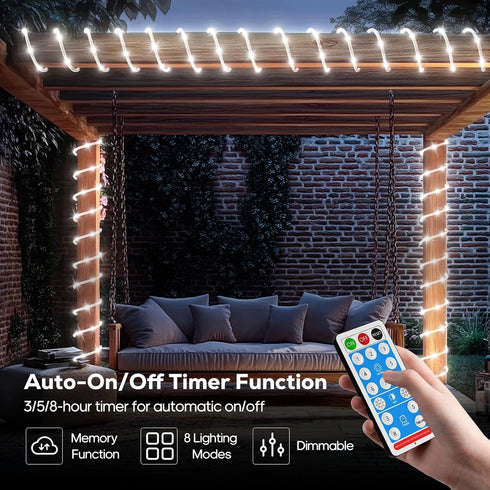66FT 200LED 1800mAh IP67 8 ICRGB Solar Rope Lights, Outdoor Waterproof Solar Lights with Remote, String Light