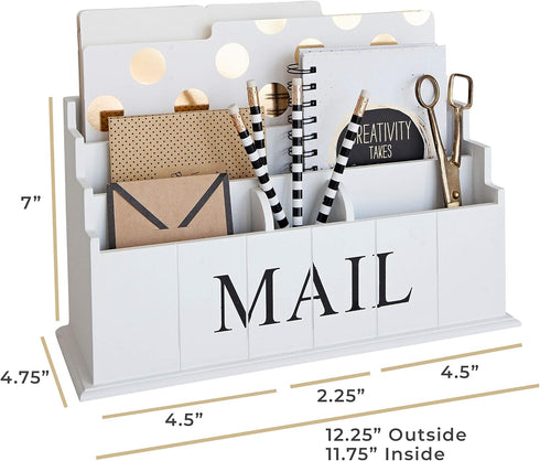 BLU MONACO White Wooden Mail Organizer, 3-Tier Desk Organizer, Rustic Country Mail Sorter for Kitchen or Office