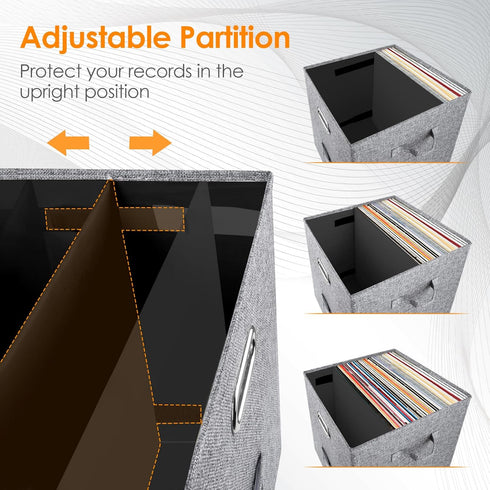 Vinyl Record Storage Box Set of 2, for 100+ Single LPs, Stackable Linen Crate with Lid, Document Organizer