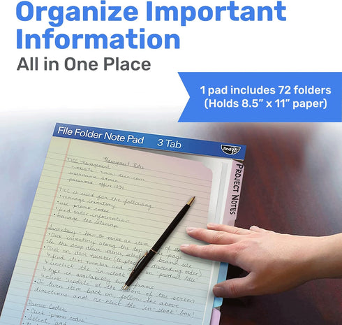 Find It File Folder Notepad, Pack of 72, 9.5 x 12.5 Inch Notebook Organizer Folders for Filing, Rainbow