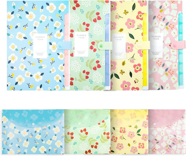 Flower Design Expanding File Folders, 8 Pocket, 4 Pack, A4 Letter Size, Durable Poly Material, 12.8 x 9.3 Inches
