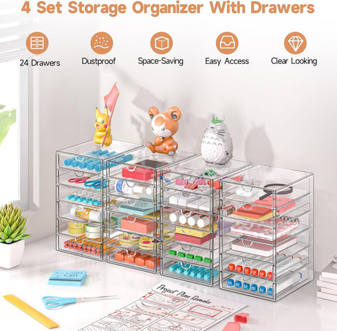DOMNIU 24 4 Set Countertop, Makeup Drawer Storage Organizer with Drawers, Acrylic Office Desk Organization and Storage