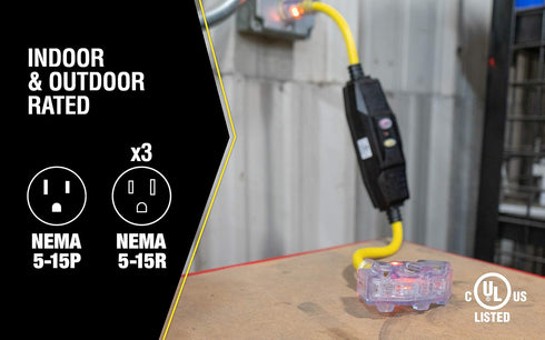 Yellow Jacket 2816 Coleman GFCI Quad In-Line Power Block, 125V, 15A, 12/3 AWG SJTW, 3-Outlet, Yellow