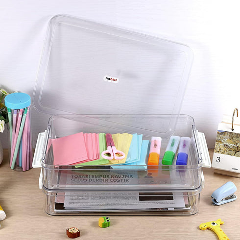 BTSKY 2 Pack Clear Plastic Stackable Storage Box, Portable Document Holder for 8.5 x 13 Letter A4 Files
