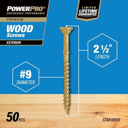 Power Pro 42481 Wood Screws - #9 x 2-1/2", Epoxy Coated, Coarse Thread, Outdoor Rust Resistant, 50pcs