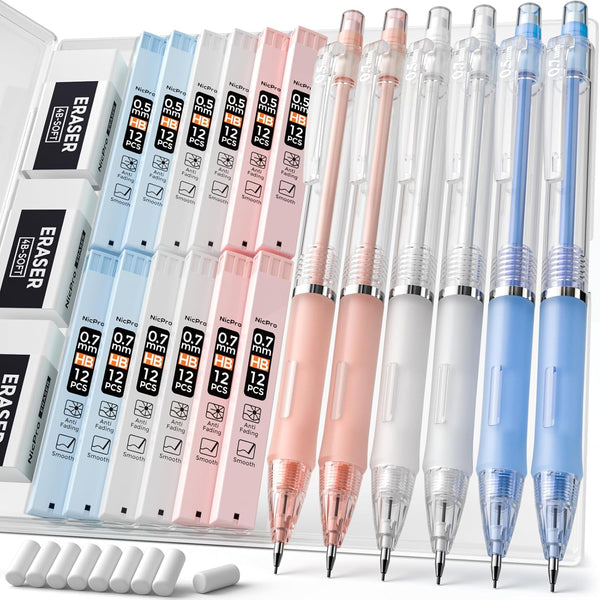 Nicpro 23PCS Pastel Mechanical Pencil 0.5 & 0.7 mm with Case, 12 Tubes HB Lead Refills, 3 Erasers for Student Writing