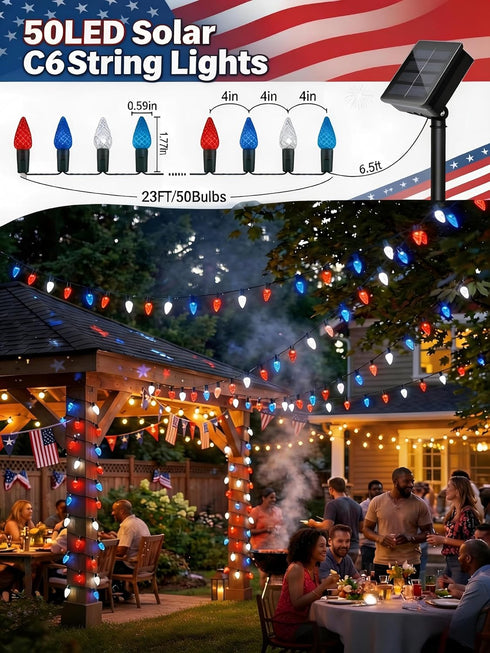 C6 23FT 50LED 4th 8 ITICdecor Solar String Lights Outdoor Waterproof, Solar Strawberry Lights Decoration for of July