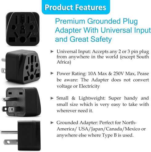 Europe to US Plug Adapter, EU/UK/AU/CN/JP/Asia/Italy/Brazil to USA (Type A & B) Travel Adapter
