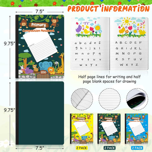 Dunzoom 6 Pack Primary Composition Notebook K-2 with Picture Space Pre-K Grades K-2 Primary Journal Composition Books for Handwriting Drawing Story School Supplies Preschool Classroom 3 Colors