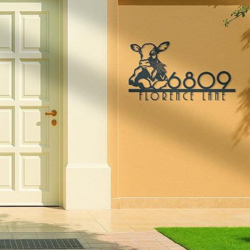 PurePalette Personalized Dairy Cow Farm House Number Sign, Custom Barn Metal Address Plaque with Street Name