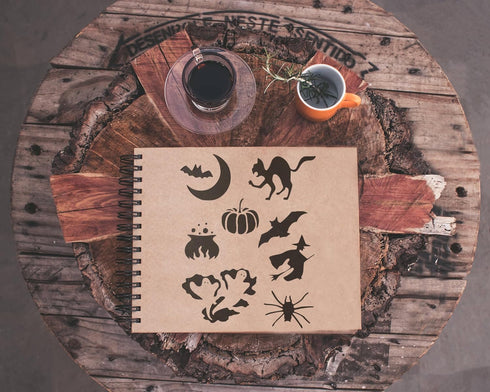 Reusable Halloween Theme Stencil 8.5" x 11" - Bat, Cat, Pumpkin, Witch Design for Spooky Crafts