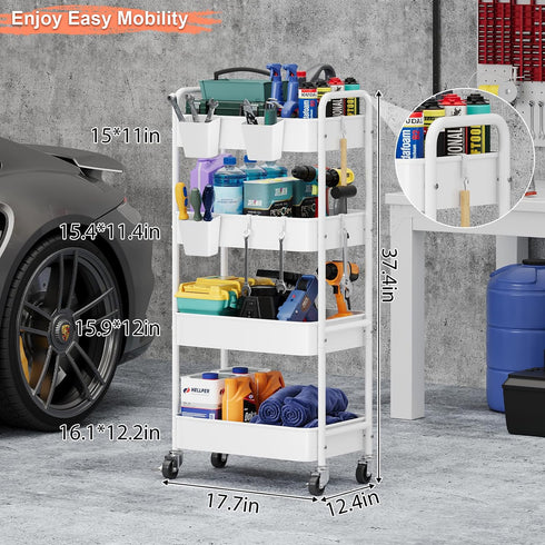 Aofure 4 Tier Rolling Cart Metal with Wheels, White Four Tiered Rolling Storage Cart on Wheels, Utility Roller Carts
