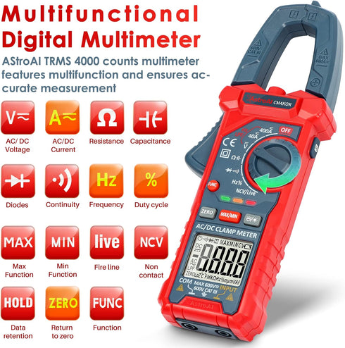 AstroAI Digital Clamp Meter Multimeter, 4000 Counts, Auto-ranging Amp Tester for AC/DC Voltage & Current