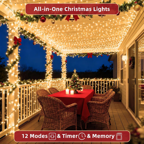 300 75ft, 12 Dimmable LED Outdoor Christmas Lights Lighting Modes Indoor String Lights & Timer Memory, Outsite