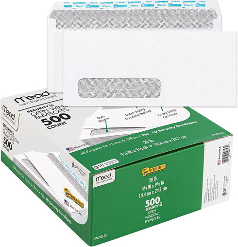 Mead Window Envelopes, Self Seal #10, 500 per Pack, Security Tinted White Envelopes with Window