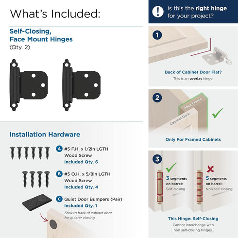 BPR7629FB 1 Pair/2 Pack Amerock | Face Frame Cabinet Hinge | Variable Overlay Self Closing Face Mount | Matte Black |