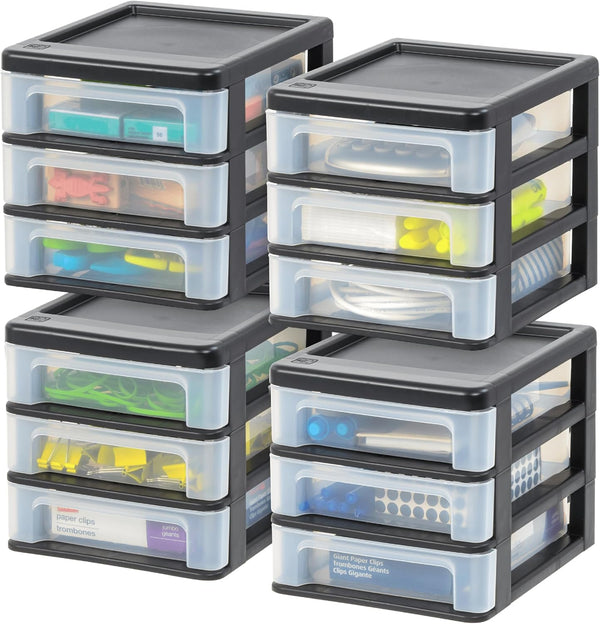 IRIS USA Plastic Stacking Desk Top 3-Drawer Storage Organizer, 4-Pack for Crafts, Office, and Small Organization