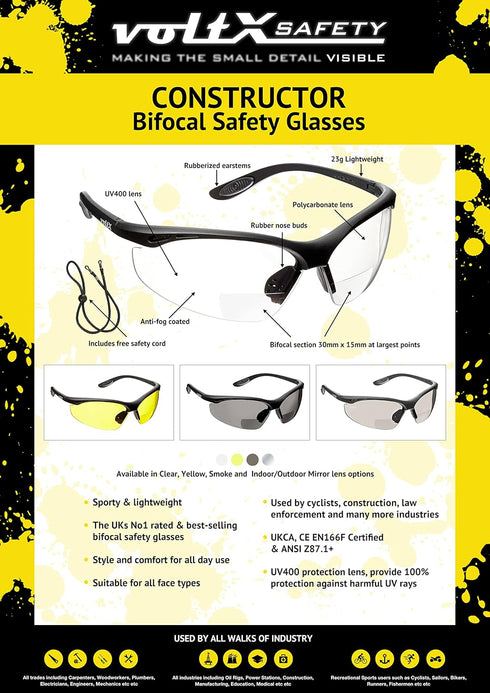 voltX 'CONSTRUCTOR' BIFOCAL Reading Safety Glasses (CLEAR +3.0 Dioptre) ANSI Z87.1+ & CE EN166F, certified/Cycling Sports Glasses includes safety cord + UV400 anti fog coated lens