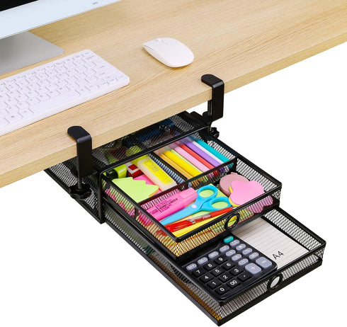 ROSYLINE Under Desk Drawer Organizer, Clamp on 2 Tier Slide Out Drawer, Metal Under Desk Storage for Home and Office