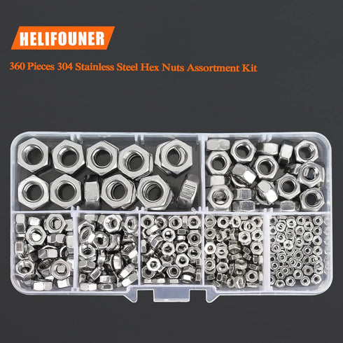 360 Pieces 304 Stainless Steel Hex Nuts Assortment Kit, 7 Sizes (M2 M2.5 M3 M4 M5 M6 M8)