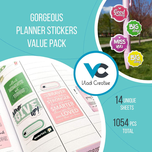 Vladi Creative Cute Colorful Planner Stickers – 1054 pcs / 15 Sheets – Functional & Decorative Icons, Dates, Weather,