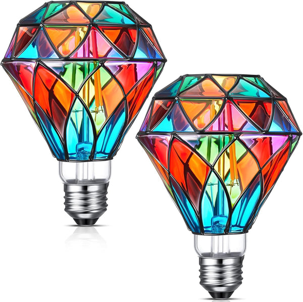 2 Pcs Stained Glass LED Light Bulb, E26 Base A60, 6W Colorful Flickering Lightbulb for Christmas Decoration