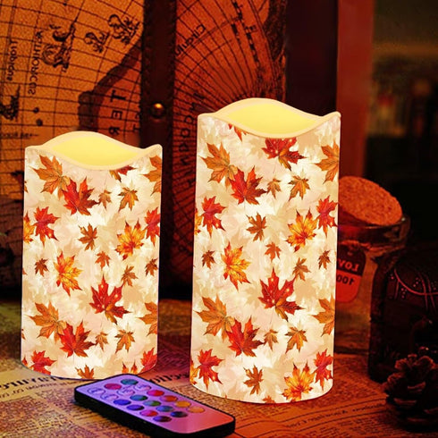 Cozeyat 4 Pack Fall Leaf Flameless Candles Battery Operated LED Pillar Candles with Remote Control Timer Color Changing